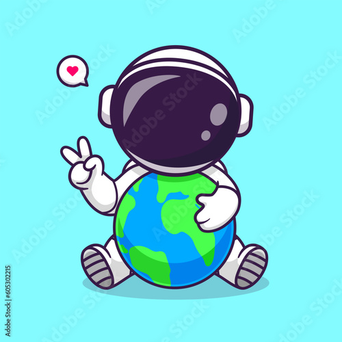 Cute Astronaut Holding Earth With Peace Sign Cartoon Vector Icon Illustration. Science Technology Icon Concept Isolated Premium Vector. Flat Cartoon Style