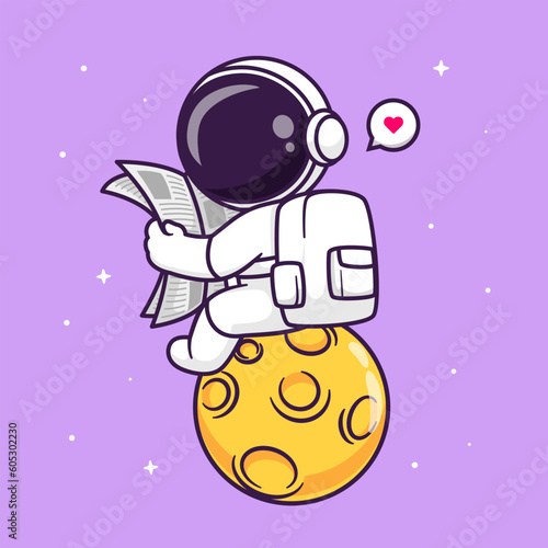 Cute Astronaut Reading Newspaper On Moon Cartoon Vector Icon Illustration. Science Tecnoolgy Icon Concept Isolated Premium Vector. Flat Cartoon Style