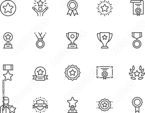 Set of Vector Line Icons Related to Award. Reward, Winner's Medal, Victory Cup, Trophy Prize. Editable Stroke. Pixel Perfect.