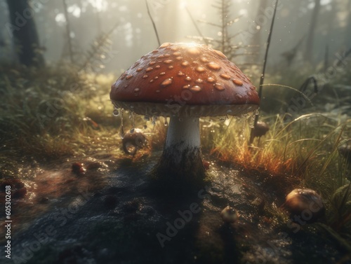 Mushroom in the forest. Beautiful red fly agaric in the moss. Created with Generative AI technology