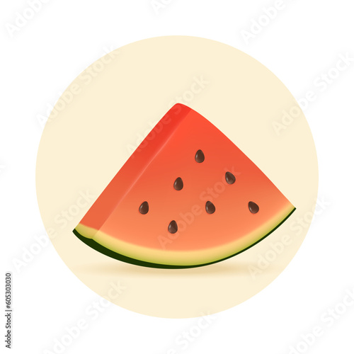 Slice of fresh tasty watermelon 3D illustration. Cartoon drawing of piece of fruit inside yellow circle in 3D style on white background. Healthy eating, food, diet, nutrition concept