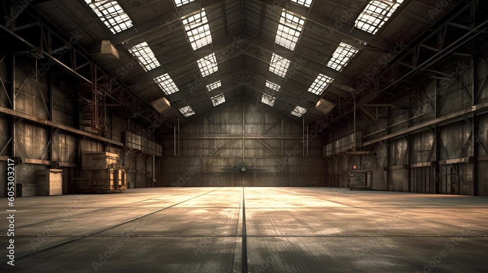 Empty old military hangar or warehouse storage hall Generative AI