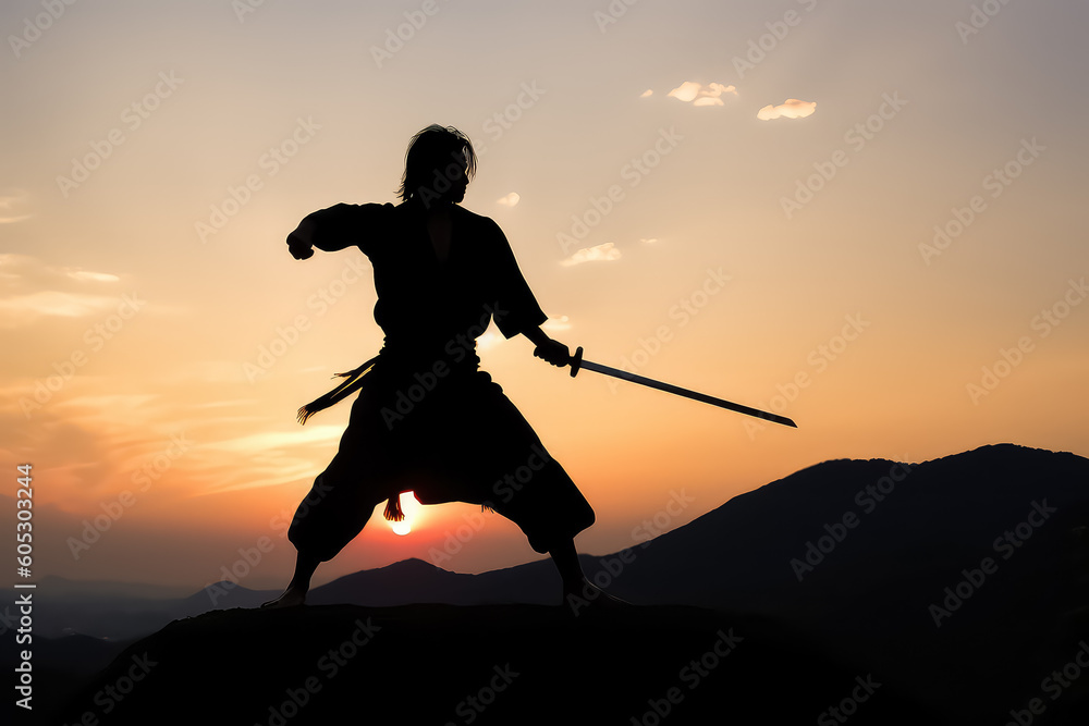 Japanese samurai in a black dress trains outdoors against the backdrop of beautiful mountains, AI