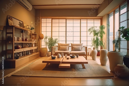 japanese living room interior concept with designer wooden chest of drawers, table lamp, AI