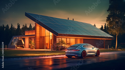 Charging electric car from home photovoltaics power station ,sustainable and economic transportation concept Generative AI