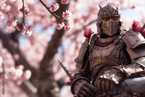 samurai on the background of cherry blossoms in japan, AI