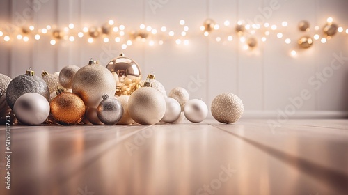 Christmas New Years long banner with golden glittering ornament balls holly in snow. Magical atmosphere. Design template with copy space. Ai generated.