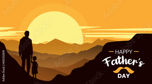 Lettering Happy Father's Day and silhouette of father and daughter on background of adventure 