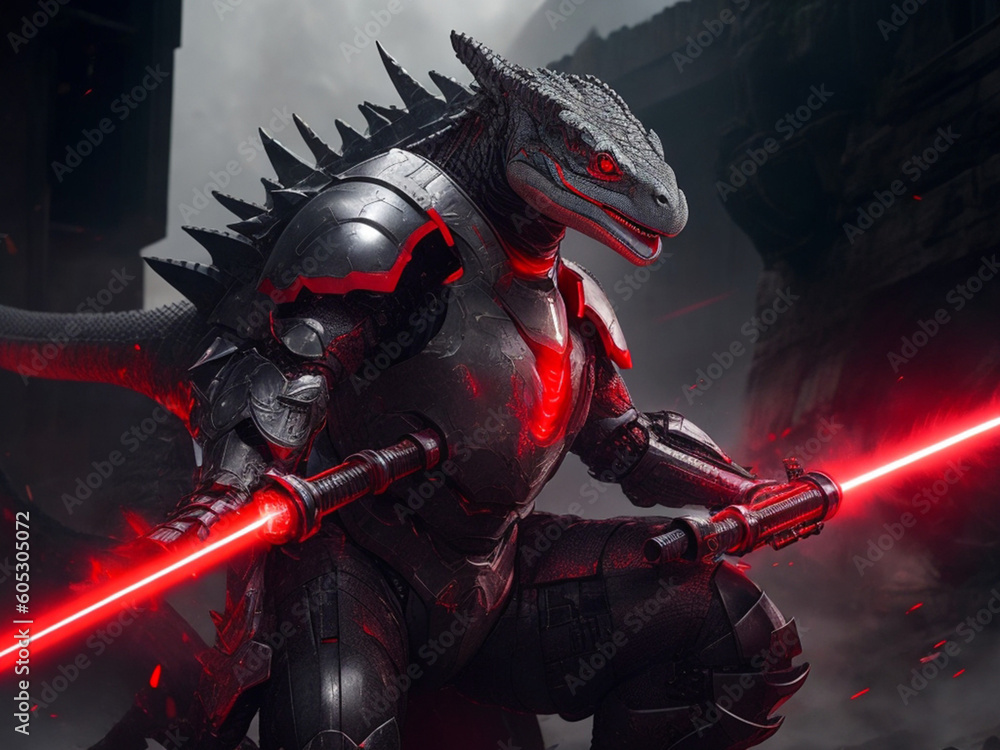 Komodo dragon cyborg with laser sword in the darkness. Generative AI ...