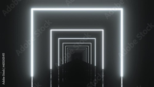 Abstract of glowing geometric neon light tunnel in the dark. Loop 3d animation.