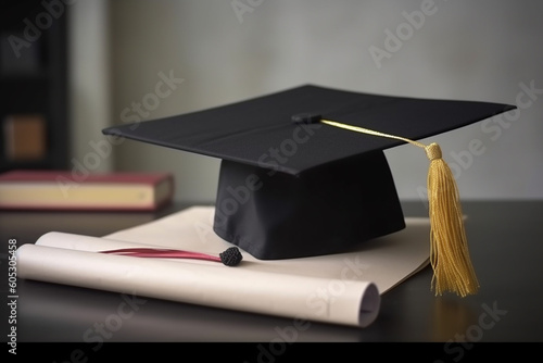 Graduation hat with books and diploma on table in classroom. Generative ai.