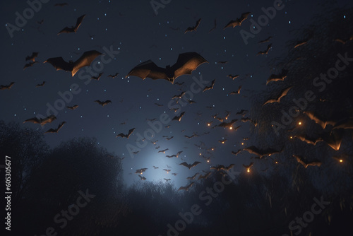 Bats flying in the sky lit by the full moon on Halloween night. Generative ai.