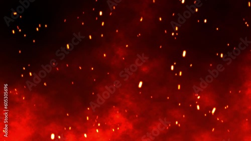 Burning red hot sparks rise from fire seamless loop ,Fire Particles over background with red smoke