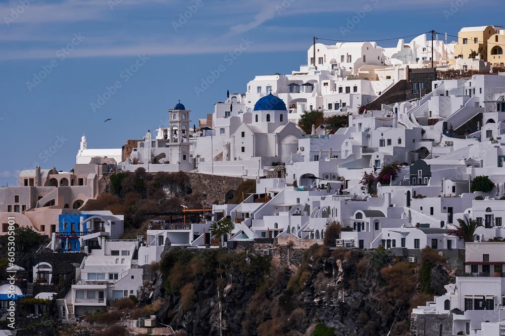 Beautiful shot of the white Imerovigli Village on Santorini Island, Greece