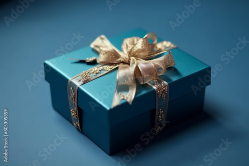 Elegant blue giftbox with golden sating ribbon for Christmas or anniverasary. Generative ai