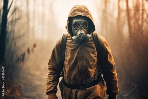 Post apocalyptic survivor in gas mask. Environmental disaster, armageddon concept.