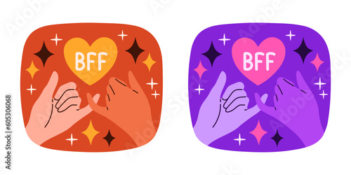 Set of stickers about friends and friendship. Collection of hand drawn lettering