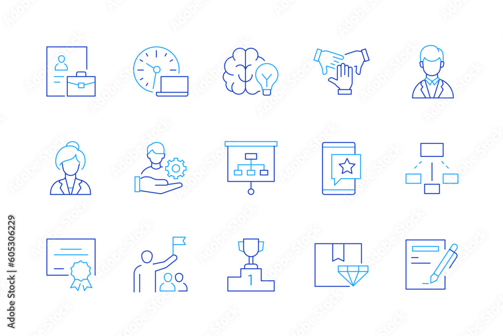Business and goals achievement - set of modern line design style icons Business and goals achievement - set of modern line design style icons