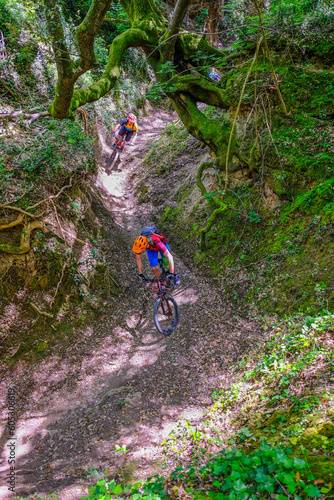 Unrecognisable mountain bikers ride a canyon overgrown with moss that looks like a jungle, Massa Marittima, Tuscany, Italy