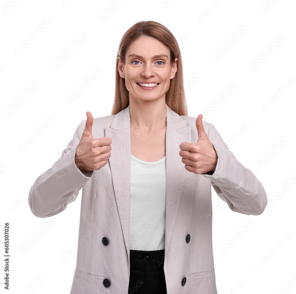 Beautiful happy businesswoman showing thumbs up on white background Beautiful happy businesswoman showing thumbs up on white background