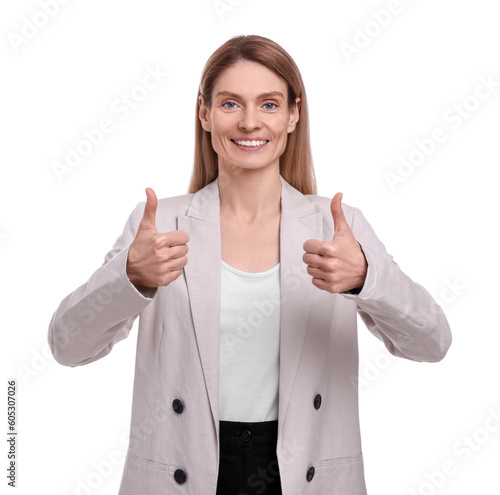 Wallpaper Mural Beautiful happy businesswoman showing thumbs up on white background Torontodigital.ca