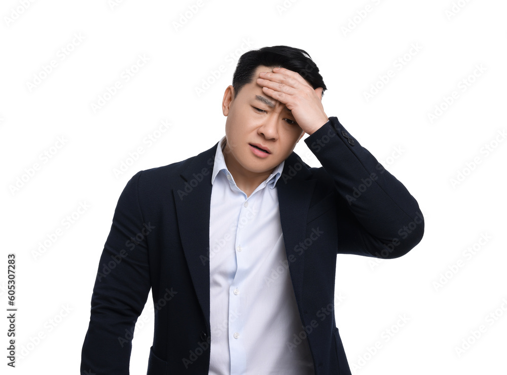 Tired businessman in suit posing on white background