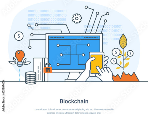 Blockchain financial technology, cryptocurrency development and secure transactions concept. Bitcoin trading, global cryptocurrency blockchain, secure data transfer thin line design of vector doodles