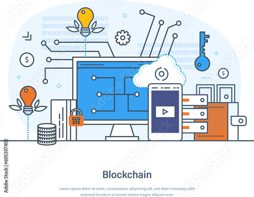 Blockchain financial technology, cryptocurrency development and secure transactions concept. Bitcoin trading, global cryptocurrency blockchain, secure data transfer thin line design of vector doodles