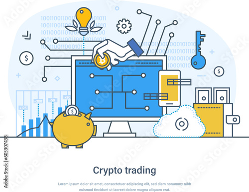 Crypto trading strategy of selling and buying digital money. Electronic money market, cryptocoin wallet, exchange. Online trading platform and mobile application thin line design of vector doodles