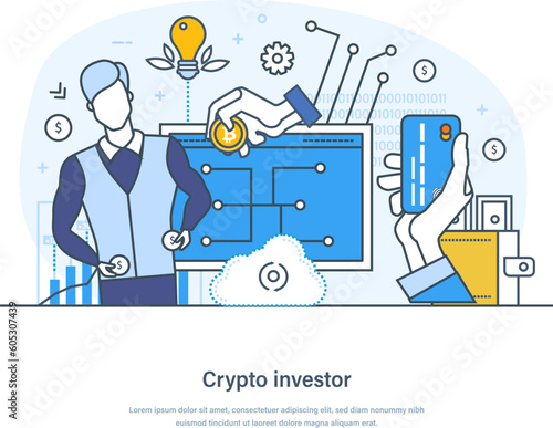 Successful crypto investor making profit with investment trading. Businessman buying and selling cryptocurrency and mining coins on crypto currency market thin line design of vector doodles