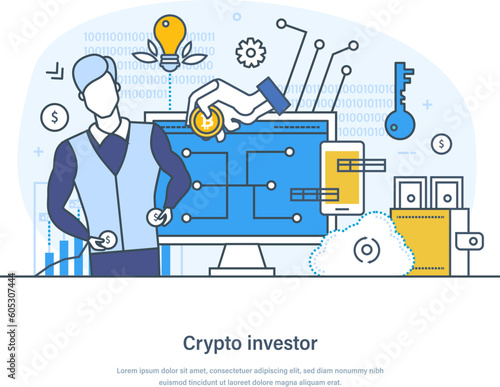 Successful crypto investor making profit with investment trading. Businessman buying and selling cryptocurrency and mining coins on crypto currency market thin line design of vector doodles
