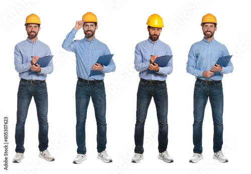 Photos of engineer with hardhat and clipboard on white background, collage design