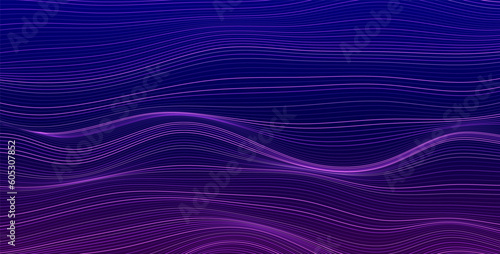 Abstract elegant vector background with smooth thin neon colored lines on dark background. Relaxation style graphic flowing pattern.