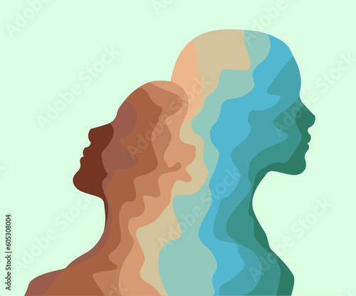 Empathy, support and help. One human figure leaning on other on light green background, illustration
