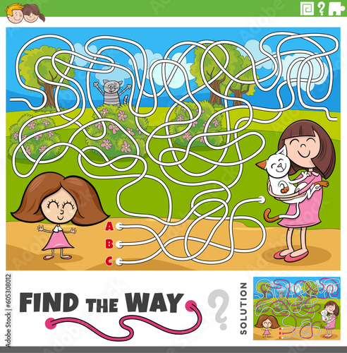 find the way maze game with cartoon girls and cute kitten