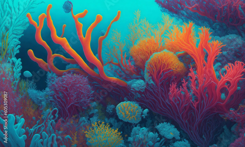 beautiful and colorful coral reef in the blue sea, underwater world illustration, generative ai © Johan Wahyudi
