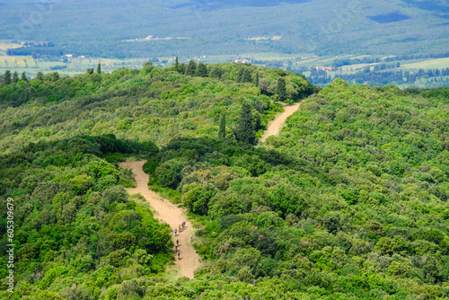Obraz na plátne Unrecognisable mountain bikers ride on a firebreak trail over the beautiful land