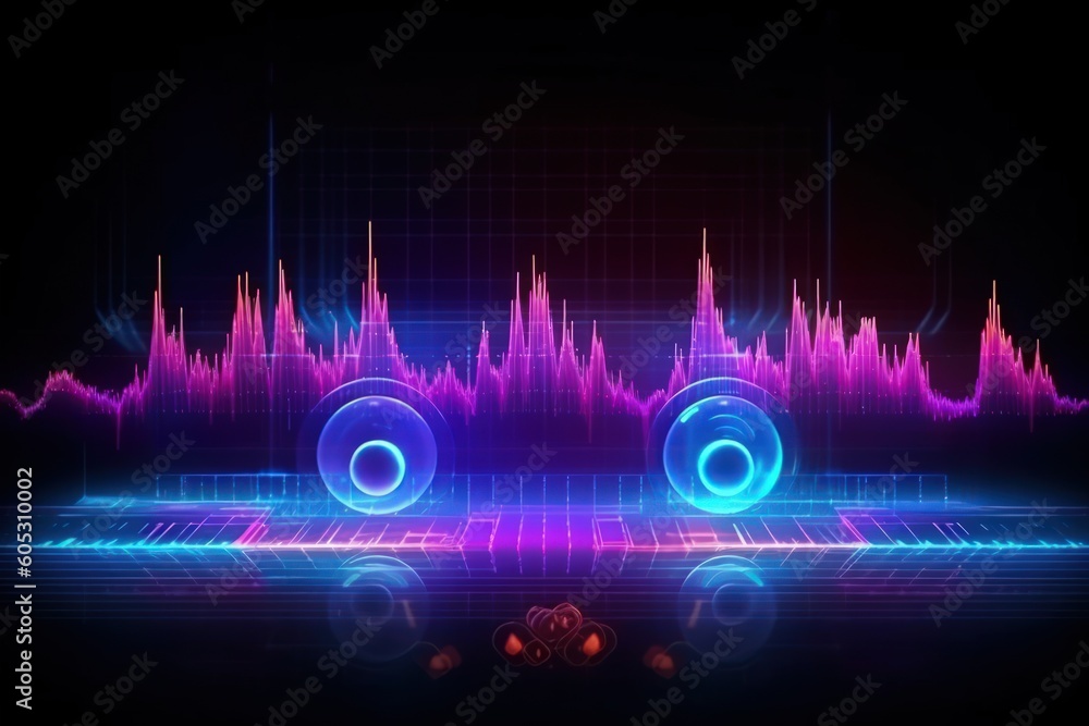 Visualization of sound waves. Abstract futuristic background with colorful glowing neon moving high speed wave lines and bokeh lights.  Data transfer concept. Fantastic wallpaper. Generative AI