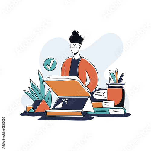 Academic Publishing illustration representing the process of academic publishing in the field of business, including writing, reviewing, editing, and publishing scholarly articles and journals