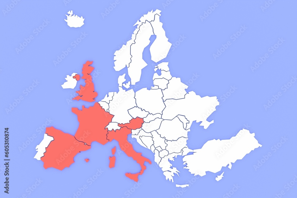 3D-rendered map of Europe focused on countries in red isolated on a purple background