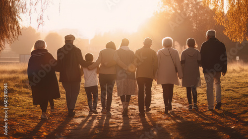 Back view of happy multigenerational people having fun in a public park during sunset time - Community and support concept