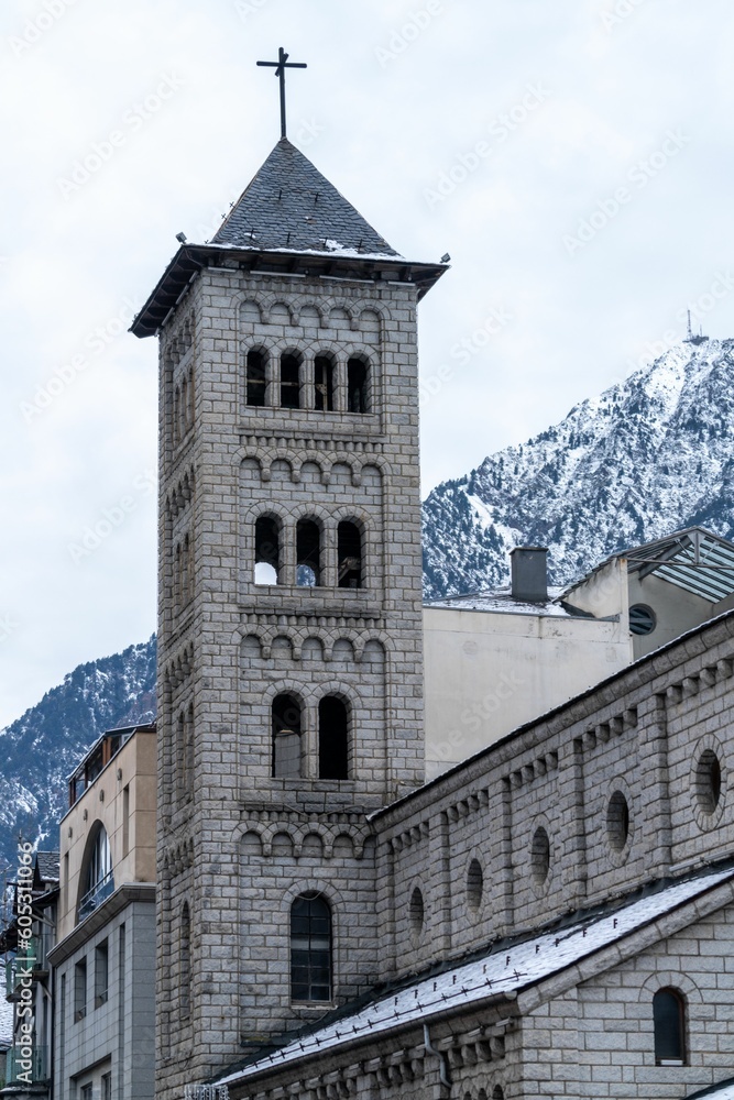 Fototapeta premium Image of a castle in the background of snowy mountains.