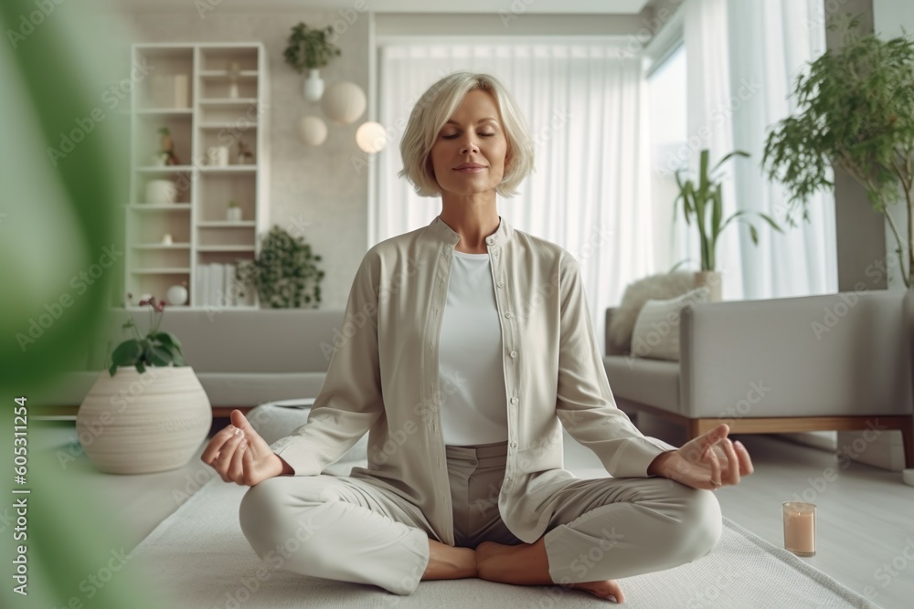 AI generated image of mature woman practicing yoga