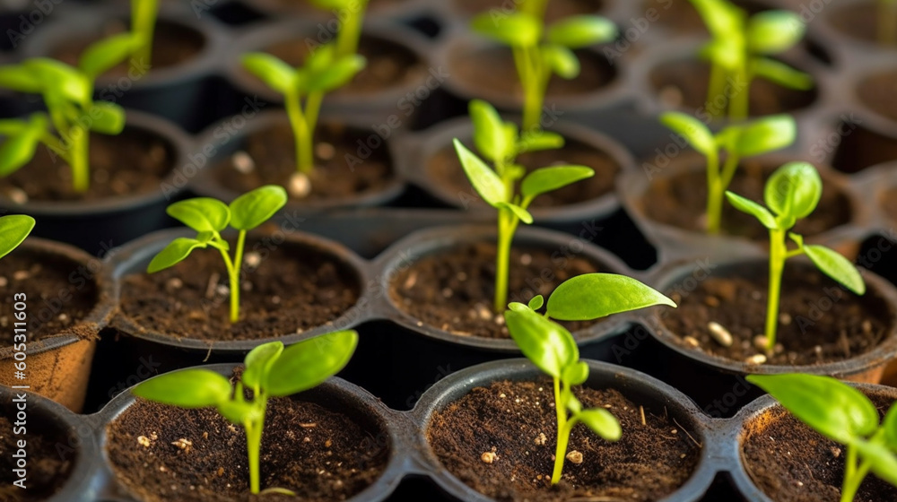 A close-up of seedlings in black plastic pots with soil in them. A close-up of seedlings in black plastic pots with soil in them.