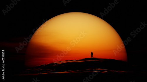 Lonely astronaut looks at sunset on deserted planet. Contrasting Martian Landscape. Cosmonaut on background of large yellow red orange sun on the horizon. 3d render