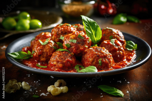 Meatballs in tomato sauce with herbs on wooden table. Ai generative