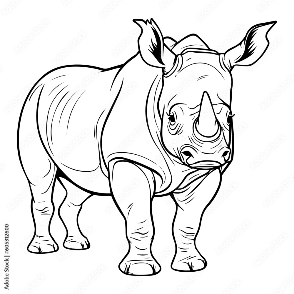 Black rhinocero: Vector, Line art, Coloring, Wildlife, Animal, Cute