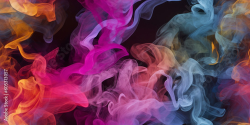 Seamless pattern of colored smoke, abstract clouds with a blurry mixture on a dark background. Generative AI.