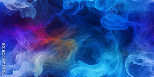 Seamless pattern of blue-red smoke on black canvas, mystical abstract background. Generative AI.