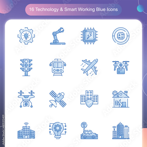 Technology & Smart Working Vector Blue Color icon set illustration Set 03